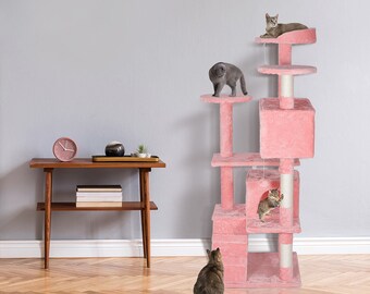 54" Cat Tree Tower Large Activity Center Playing House W/Scratchers Pink