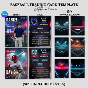 May include: Baseball trading card template with front and back designs, plus 90 bonus backdrops. The front features player photos, names, and positions. The back includes player details and highlights. The size is 2.5x3.5 inches.