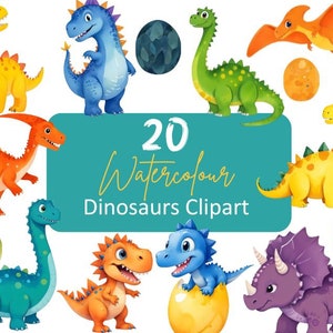 20 Cute Dinos Clipart, Scrapbook printable dinosaur Clip Art, Trex, Triceratops, brontosaurus, stegosaurus graphics  png