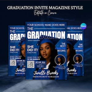 Editable Graduation Magazine-Style Invitation, Blue Class of 2025 Flyer Template, She Did It Grad Celebration, Premade Digital Download