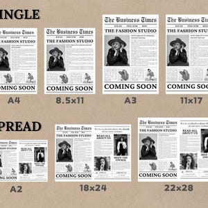 Editable Canva business newspaper template, perfect for photographers and business announcements.