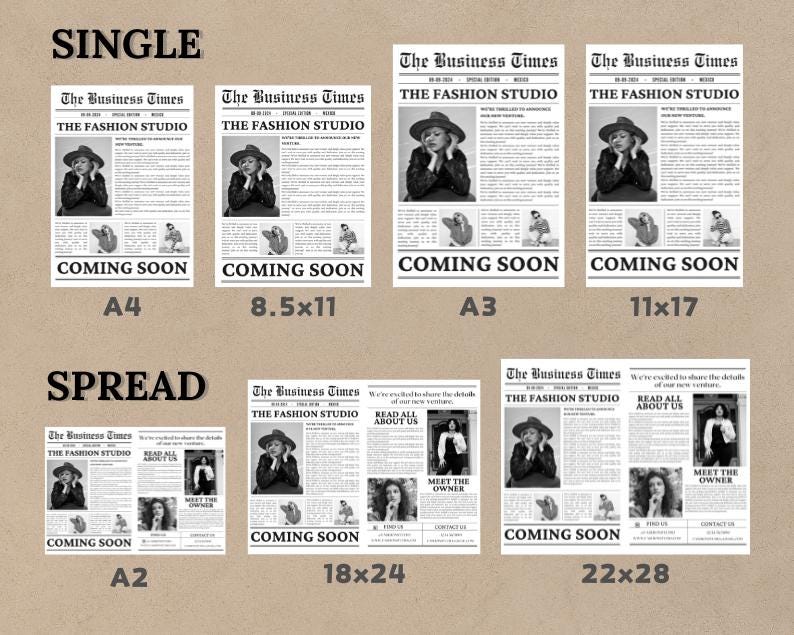 Editable Canva business newspaper template, perfect for photographers and business announcements.