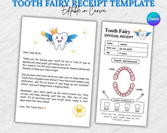 Carta y recibo editables del Hada de los Dientes: Certificado imprimible (Descarga instantánea)