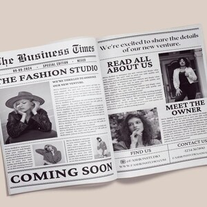 Professional business newspaper template for photography and announcements, fully customizable in Canva.