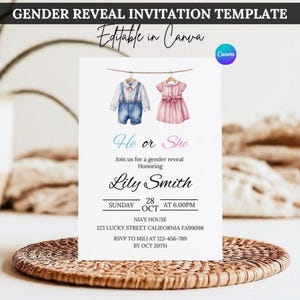 Boho Gender Reveal Invitation Editable, Vintage Baby Clothes He or She Party Invite, Neutral Digital Pink Blue Clothesline Instant Download