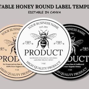 Honey Labels, Homemade Product Label, Round Label Template, Mason Jar Labels, Honey Round Label, Jar Round Label Editable Template Canva