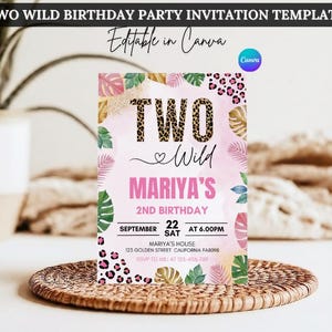 Bewerkbare verjaardagsuitnodiging voor twee wilde, luipaardprint junglesafari 2e verjaardagsuitnodiging, gouden Wild Two-party voor meisjes direct downloaden