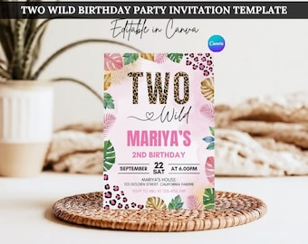 Two Wild Birthday Invitation: Leopard Print Safari, Girl's 2nd Birthday (Digital Download)