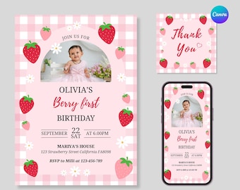 Editable Berry First Birthday Invitation, Photo 1st Birthday Party Invitations, Printable Strawberry Birthday Girl Invites, Evite