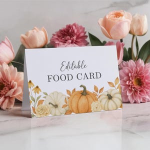 Thanksgiving Food Label Template: Pumpkin Floral Buffet Tent Cards (Instant Download)