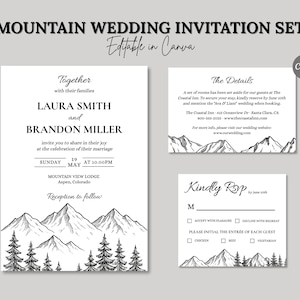 Editable Mountain Wedding Invitation Set, Rustic Woodland Pine Suite, Minimal Black & White Design, Lakeside Template, Instant Download