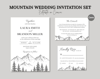 Mountain Wedding Invitation Set: Rustic Pine, Minimalist Design (Digital Download)