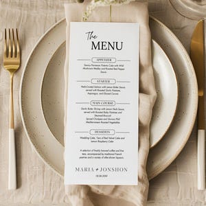 Plantilla de menú de boda editable, menú minimalista y tarjetas de ubicación, menús de cena modernos, plantilla de Canva, descarga instantánea