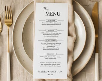 Modèle de menu de mariage minimaliste : jeu de cartes de table pour le dîner moderne (toile, téléchargement immédiat)