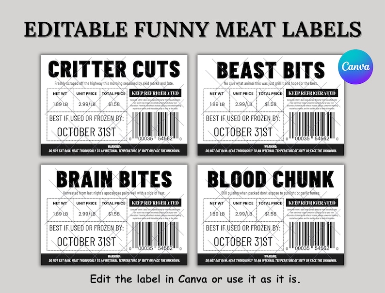 Funny Halloween Prank Meat Labels: Editable Food Stickers (instant ...