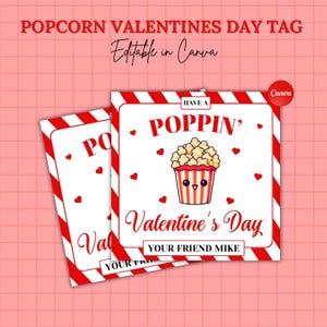 ポップコーンを使ったバレンタインデーのタグ（印刷可能）：キャンディを使わない学校用カード（すぐにダウンロード、Canva）