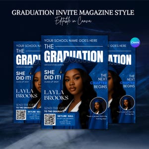 Editable Graduation Magazine Style Invitation, Blue Class of 2025 Flyer Template, She Did It Grad Celebration, Premade Digital Download