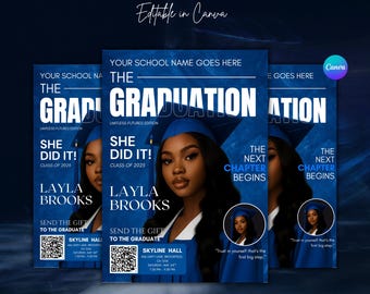 Editable Graduation Invitation: Magazine Style, Blue Class of 2025 (Digital Download 5x7in Canva Template)