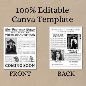 Large-format business newspaper template for Canva, designed for photography and new business announcements.