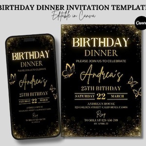 Modelo de convite para festa digital Gold Light, mensagem de texto de aniversário, convite para festa por telefone, cartão de convite para jantar de aniversário, download instantâneo