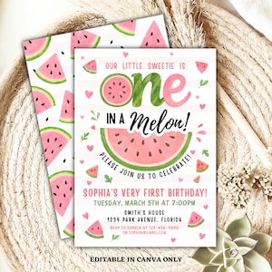 Bearbeitbare Wassermelone-Geburtstagseinladung, One in a Melon 1. Geburtstag, rosa Sommerparty einladen, druckbare Vorlage, sofortiger Download