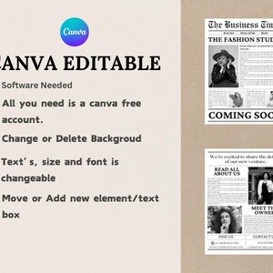 Stylish Canva business newspaper template for photography-focused business announcements, easily editable.