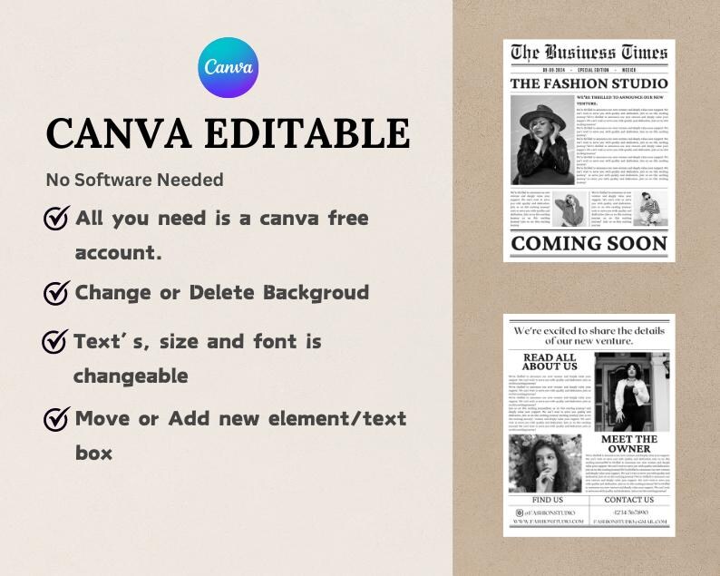 Stylish Canva business newspaper template for photography-focused business announcements, easily editable.