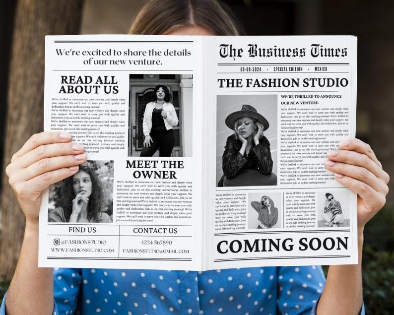 Editable Canva template for a business newspaper, perfect for new business announcements and large-format designs.