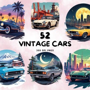 52 imágenes prediseñadas de coches antiguos, coches clásicos americanos musculosos, coche retro PNG, regalo perfecto para los amantes de los coches, coche antiguo de los años 70 y 80, descarga instantánea