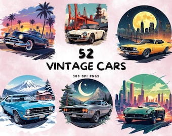 May include: A collection of 52 vintage car illustrations in various colors and styles. The illustrations are set against different backgrounds, including cityscapes, mountains, and sunsets. The text "52 Vintage Cars 300 DPI PNGs" is displayed in the center of the image.