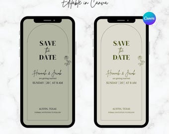 Saliegroen minimalistische e-invite met save-the-date: digitale bruiloftsjabloon (canva bewerkbaar, direct downloaden)