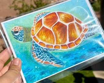 Watercolor, Mixed Media, Painting, Art, Art Print, Turtle, Honu, Hawaiian Art, Native Artist, 5x7 Art, Postcard, Wall Art, Desk Art