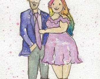 Custom 5x7 Watercolor Portrait – Hand-Painted, loose watercolor doodle, Personalized Gift, Original art, Family portrait, couple portrait