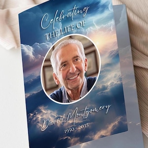 Plantilla de programa funerario, programa de celebración de la vida con obituario imprimible, tarjetas conmemorativas editables con orden de servicio con puesta de sol y cielo azul, SS5
