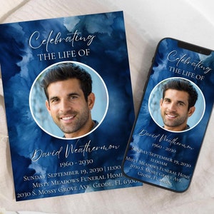 Modello di invito modificabile per la celebrazione della vita, annuncio funebre con acquerello blu, invito digitale stampabile per il servizio funebre, BW2
