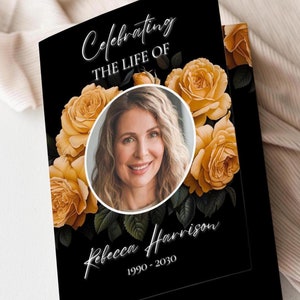 Plantilla de programa funerario, programa de celebración de la vida con obituario imprimible, orden de servicio con rosas negras y doradas editables, tarjetas conmemorativas, YR1