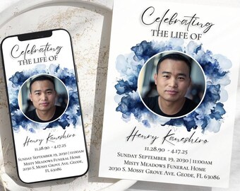 May include: A blue and white watercolor funeral announcement with a photo of a man. The announcement reads "Celebrating the Life of Henry Kaneshiro 11.28.90 - 4.17.25 Sunday September 19, 2030 | 11:00AM Misty Meadows Funeral Home 2030 S. Mossy Grove Ave. Geode, FL 63086"