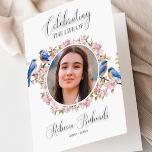Modello di programma funebre Modello di necrologio modificabile Modello di biglietti di auguri per il servizio commemorativo di Pink Bluebirds stampabili per il programma di celebrazione della vita SB1