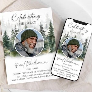 Modèle modifiable de carte d'invitation célébration de la vie pour faire-part funéraire, arbre vert, service commémoratif, invitation numérique, MP1