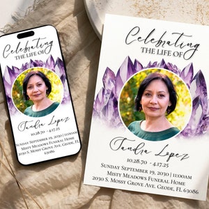 Modèle d'invitation pour faire-part pour les funérailles Cartes commémoratives modifiables pour une invitation pour une célébration de la vie Invitation funéraire numérique en améthyste violette, PC1