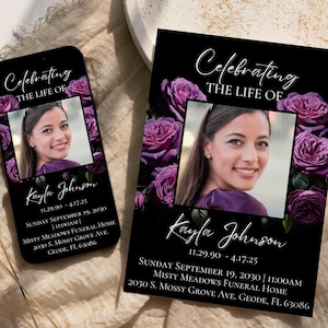 Faire-part pour les funérailles Modèle d'invitation pour les funérailles Cartes commémoratives modifiables pour une célébration de la vie Inviter des fleurs roses pourpres, PR1