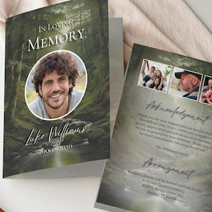 Modelo de programa de funeral editável, ordem de serviço de obituário para impressão, cartões de programa memorial de celebração da vida da Bifold Green Forest, FS1