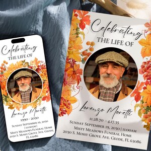 Faire-part pour les funérailles Modèle d'invitation pour les funérailles Cartes commémoratives modifiables pour une célébration de la vie, Inviter des feuilles d'automne, AL1