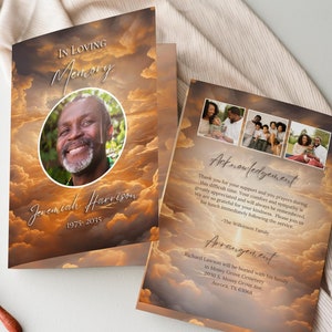 Modelo de programa de funeral, programa de celebração de obituário para impressão, cartões memoriais de ordem de serviço de céu e nuvens do pôr do sol editáveis, SS4