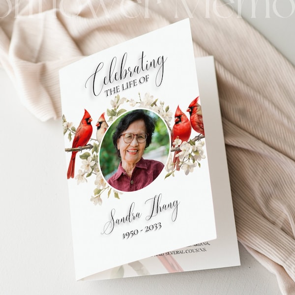 Funeral Program Template Editable Obituary Template Printable Red Cardinal Birds Memorial Service Cards for Celebration of Life Program, CB1