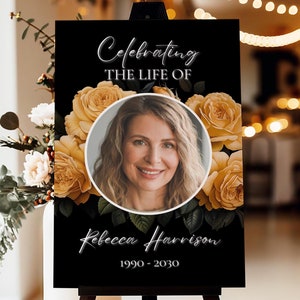 Funeral Welcome Sign: Gold Roses Memorial Photo Board (Digital Download)