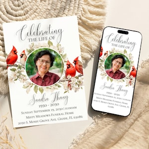 Modelo de anúncio de funeral de pássaros cardeais vermelhos, cartões memoriais para celebração da vida, convite para funeral, pacote de convites para funeral, CB1