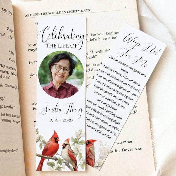 Memorial Bookmark Funeral Favors for Guests Editable Template Celebration of Life Favors for Guests Red Cardinal Birds Funeral Bookmark, CB1