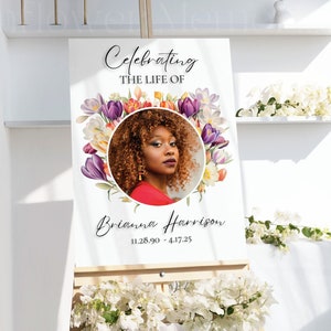 Funeral Poster Template Celebration of Life Poster Memorial Service Sign Printable Spring Flowers Obituary Sign Photo Board Template, CF1