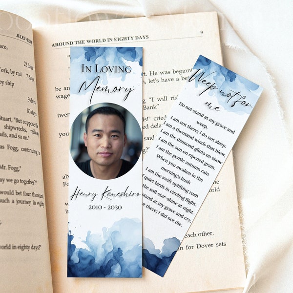 Memorial Bookmark Funeral Favors for Guests Editable Template Celebration of Life Favors for Guests Blue Watercolor Funeral Bookmark, BW1